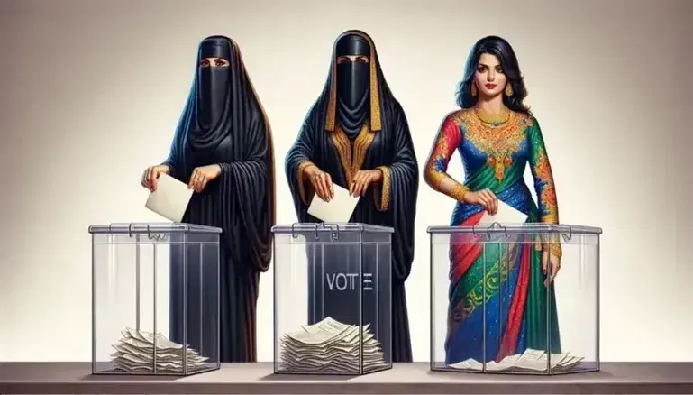 Three women of different ethnicities vote together, symbolizing unity and equality, with traditional clothes and a transparent ballot box.