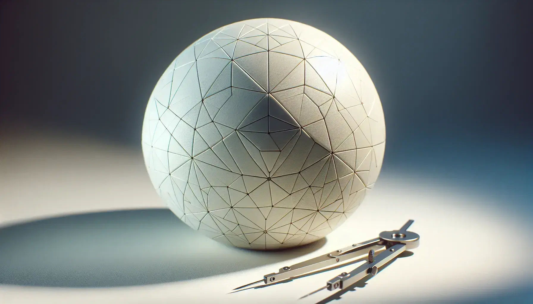 Geometric sphere with intricate pattern of dark gray lines forming triangles and polygons, paired with a metallic compass, against a soft blue gradient background.