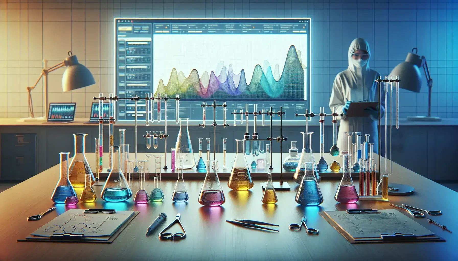 Scientific laboratory with central table, test tubes, beakers and flasks with colored liquids, person in lab coat looking at a bottle.