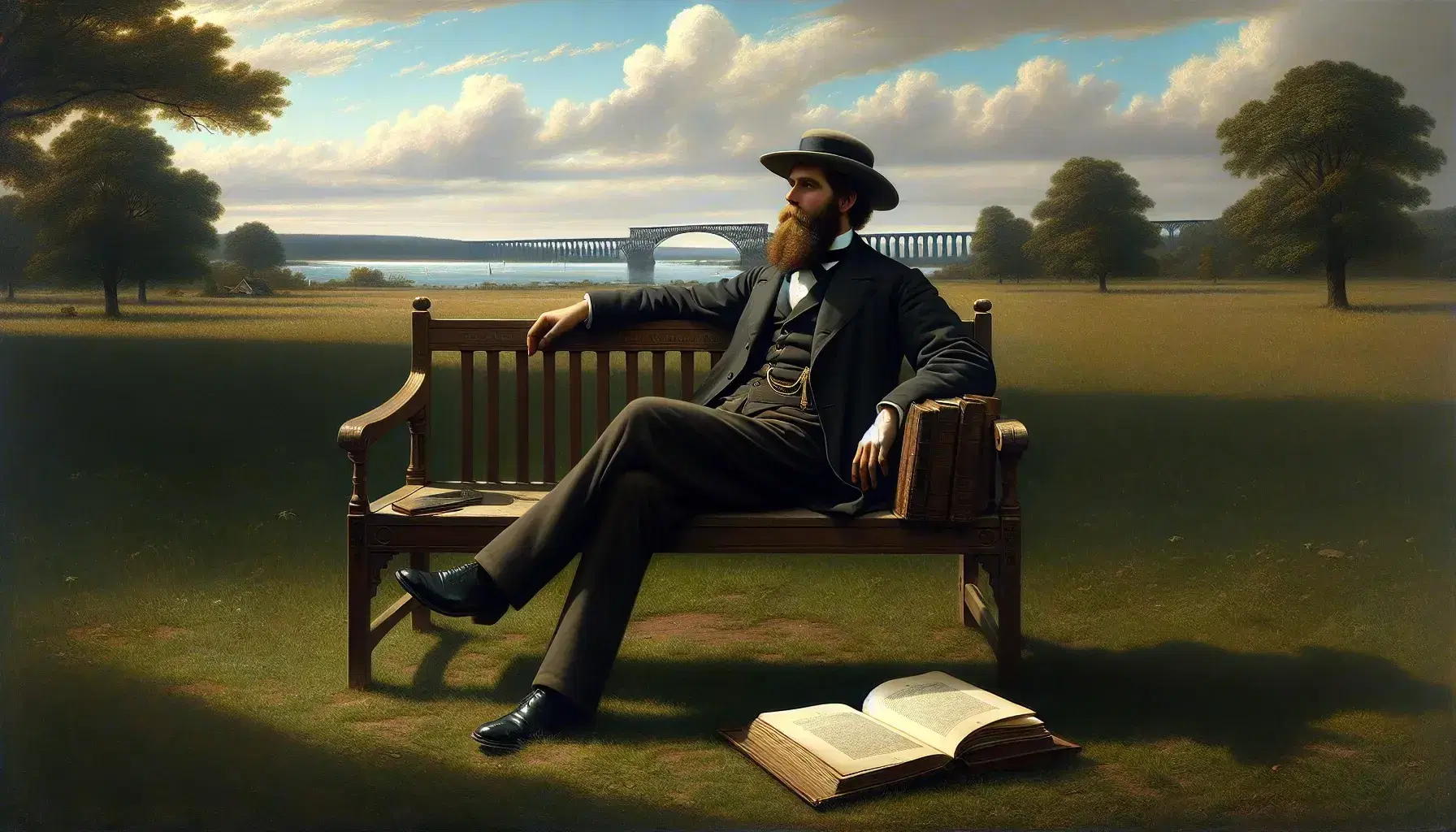 Uomo barbuto in abiti vittoriani seduto su panchina in legno, contempla l'orizzonte su prato verde con libro aperto, ponte sullo sfondo.