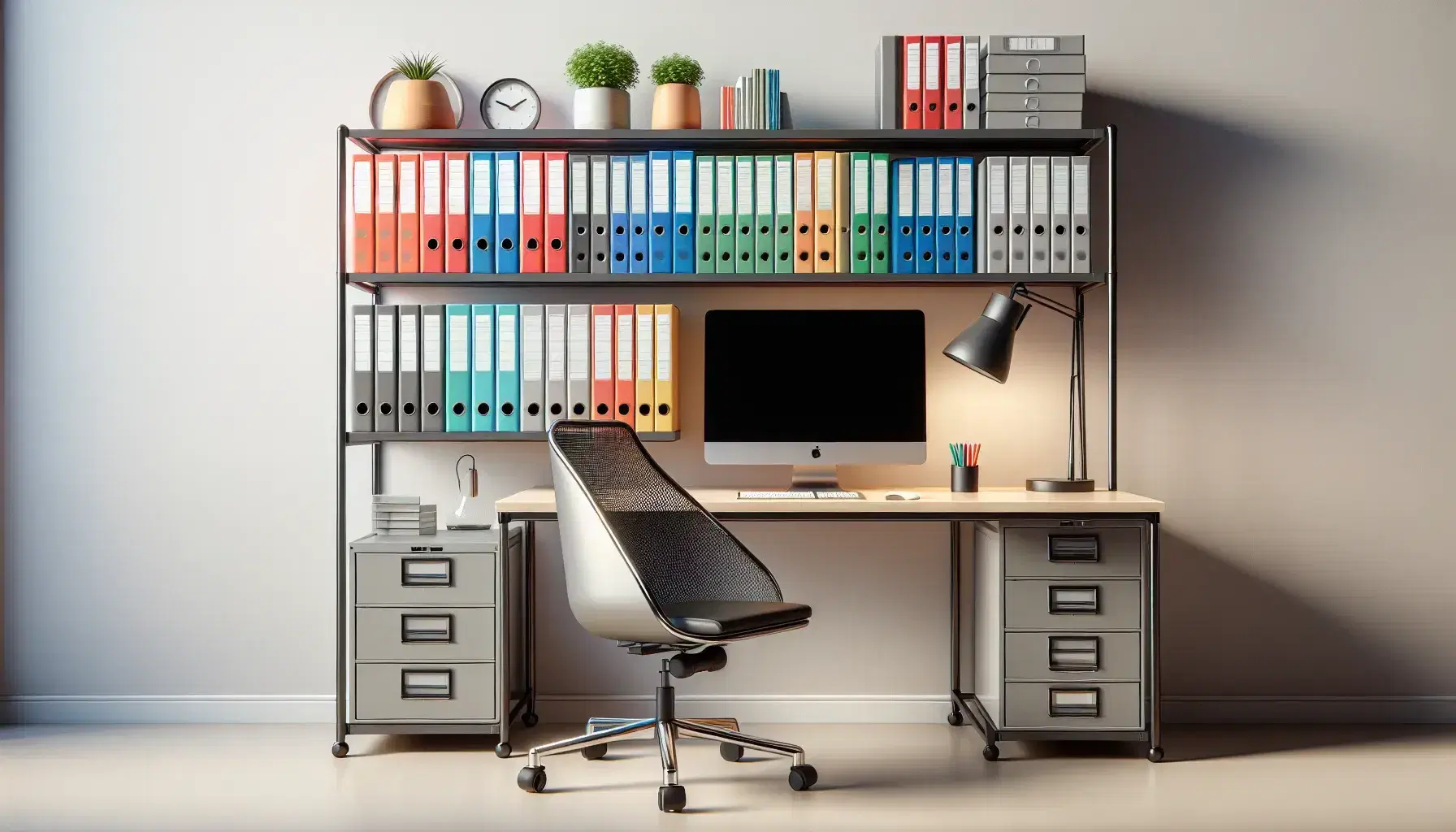 Estantería metálica con carpetas de colores apiladas, escritorio de madera con ordenador apagado, lámpara y planta, silla ergonómica de oficina.