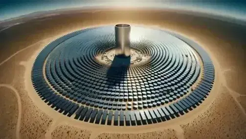 Solar thermal power plant with central tower reflected by circular heliostats in a desert, thermal storage tank in the foreground, clear blue sky.