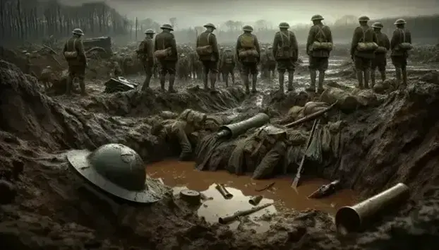 World War I battlefield with craters, dented helmet, broken rifle, oxidized bugle and tired retreating soldiers.