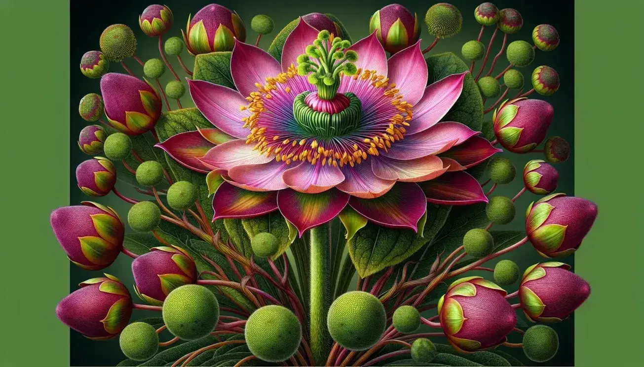 Vibrant angiosperm with gradient magenta to pink petals, yellow stamens, green pistil, surrounded by buds and broad-leaved foliage in a natural setting.