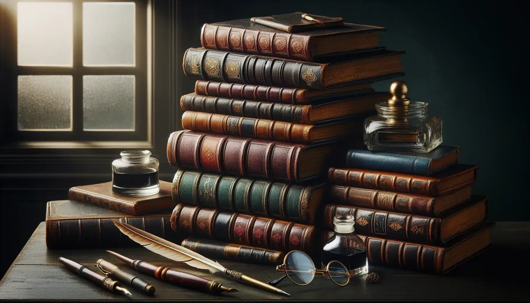Libri antichi impilati su tavolo in legno scuro con copertine in pelle, occhiali rotondi e calamaio accanto, in ambiente illuminato da luce soffusa.