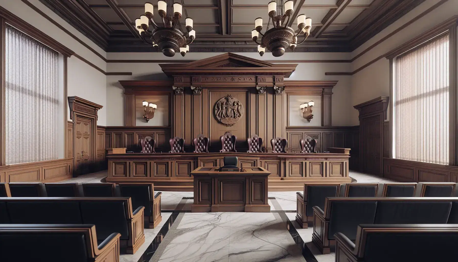 Aula di tribunale vuota con scrivania del giudice in legno scuro, sedie bordeaux, banchi per avvocati, tribuna testimoni e stemma dello stato.