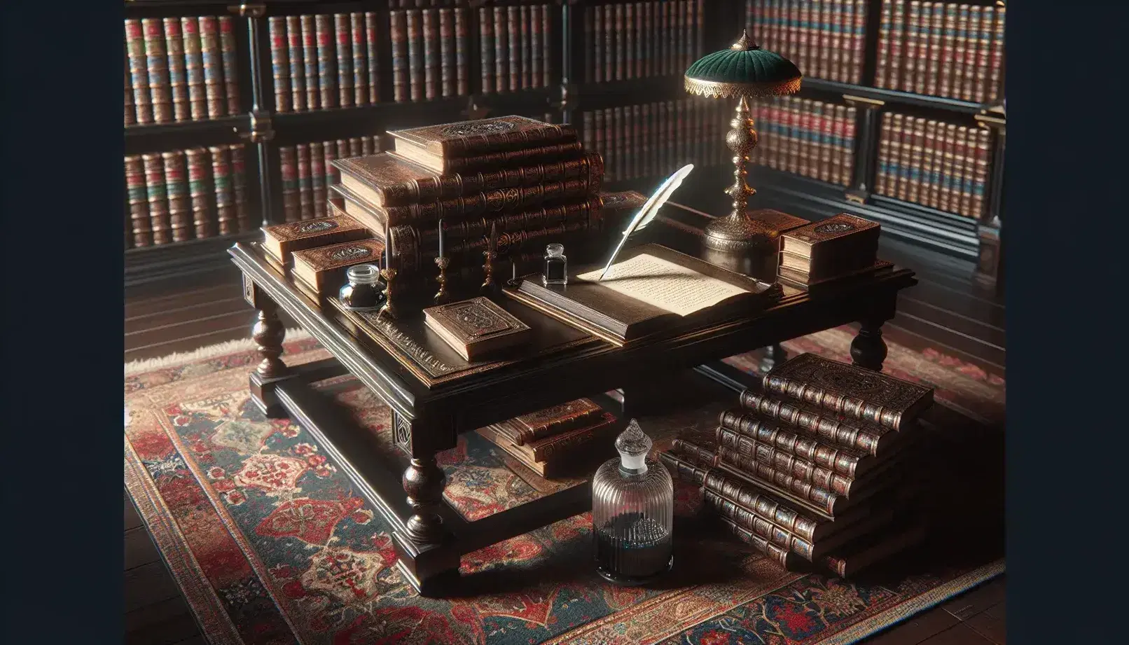 Biblioteca antica con scrivania in legno scuro, volumi rilegati, penna d'oca e calamaio su tappeto persiano, scaffali colmi di libri.