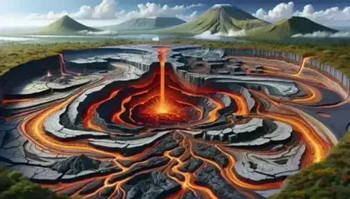 Sezione trasversale di un vulcano attivo con camera magmatica, condotto vulcanico, flussi di lava solidificata e vegetazione circostante.