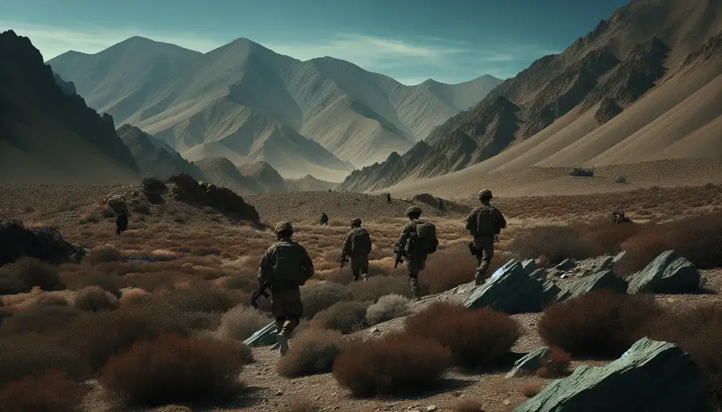 Three hikers in olive attire trek through a barren mountainous landscape under a clear blue sky, rifles slung over shoulders, no trails in sight.