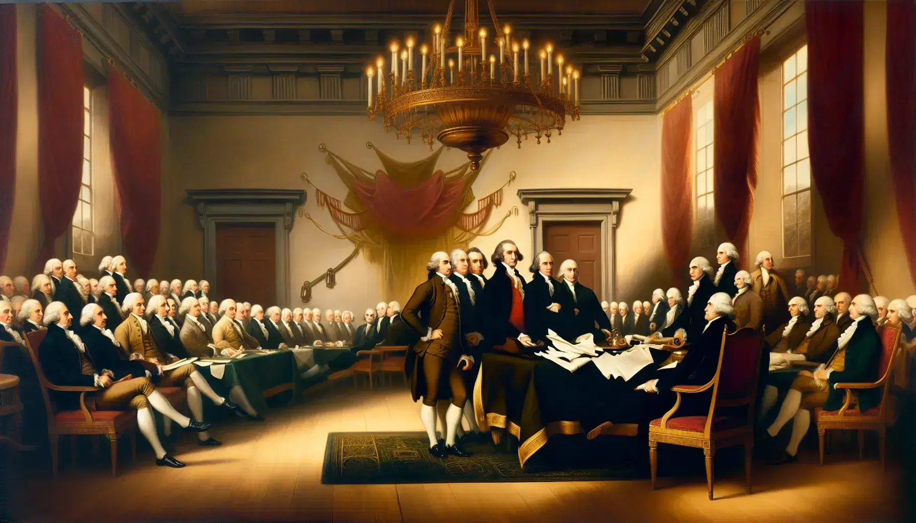Depiction of the Constitutional Convention of 1787 with men in period dress around an oval table, engaged in legislative discussions.