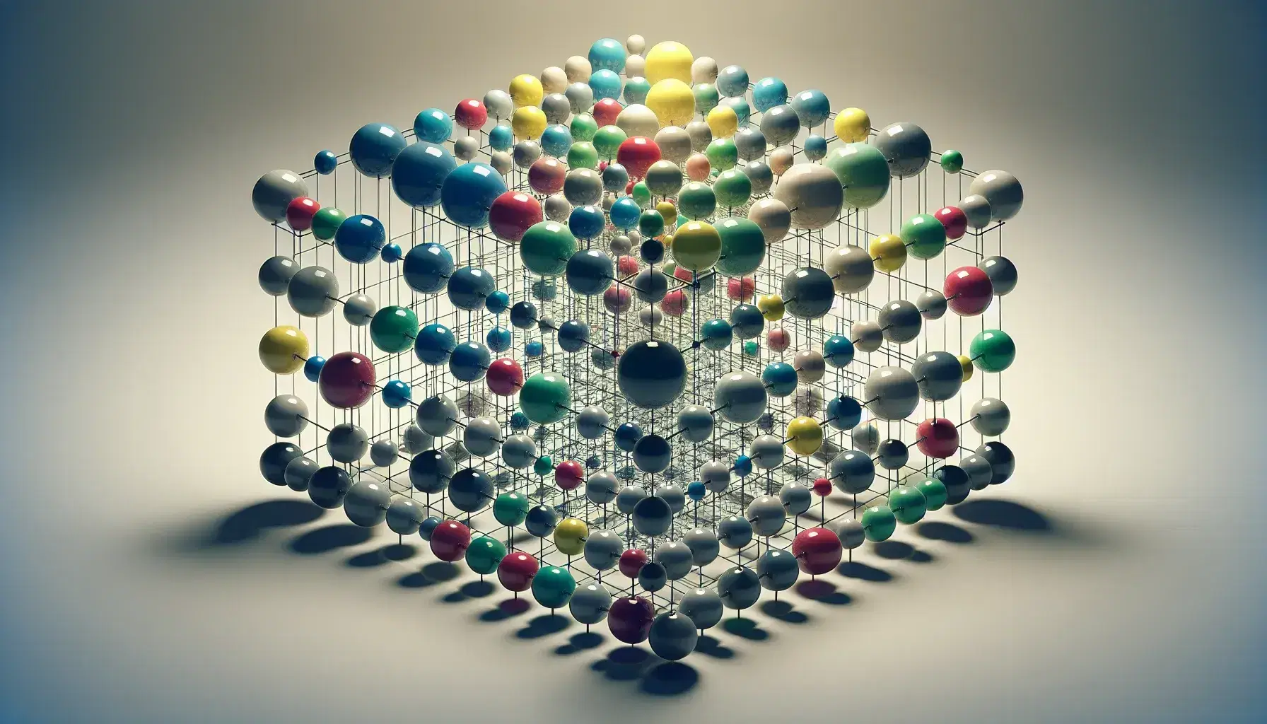 Esferas de colores en patrón de rejilla tridimensional sin conexiones visibles, con gradiente de tamaño y agrupación por tonalidades.