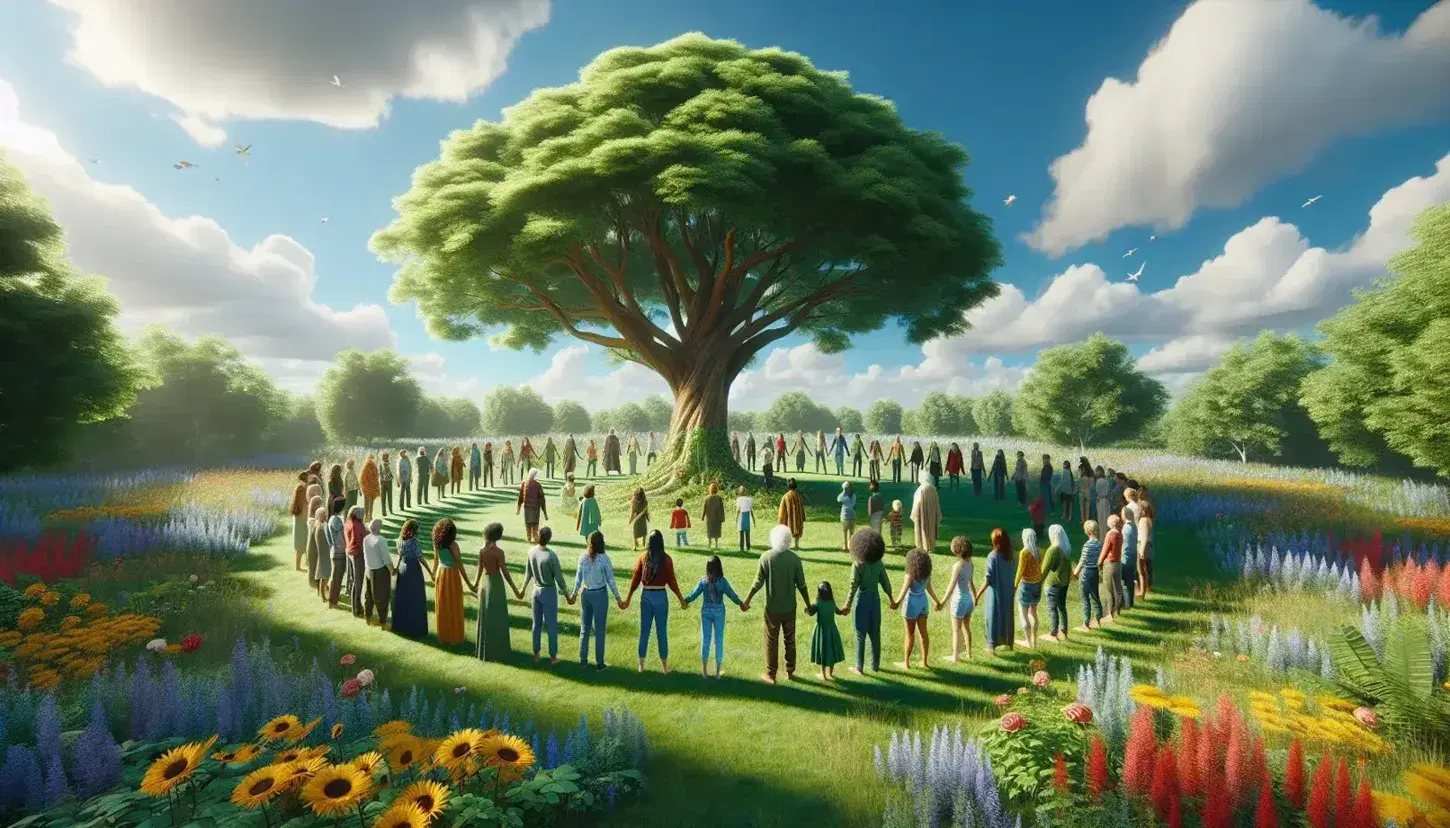 Grupo diverso de personas de distintas edades y orígenes tomados de la mano en círculo alrededor de un árbol frondoso en un parque soleado, con cielo azul y flores silvestres en primer plano.