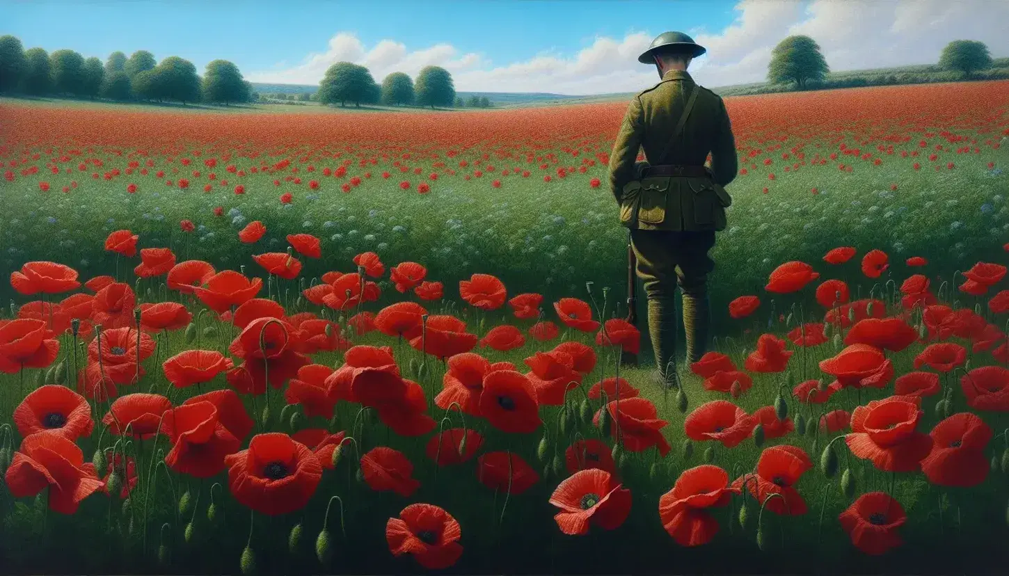 Bright red poppies in a field with a WWI soldier in uniform standing contemplatively under a clear blue sky, evoking a sense of peace and reflection.