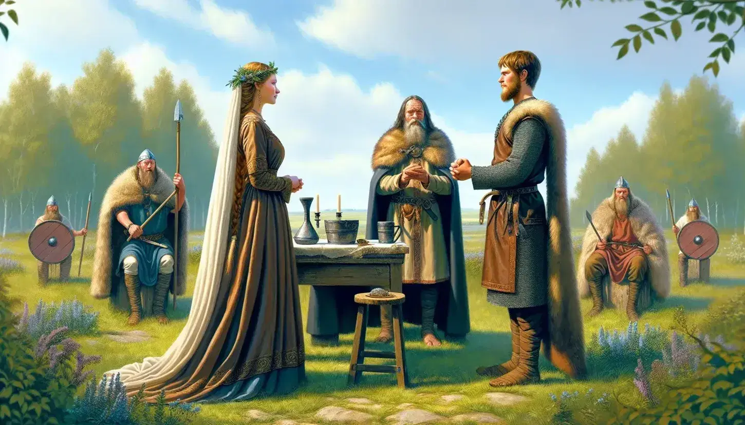 Viking couple in traditional wedding attire face each other outdoors, with a chieftain officiating and ceremonial items on a table, amidst a verdant landscape.