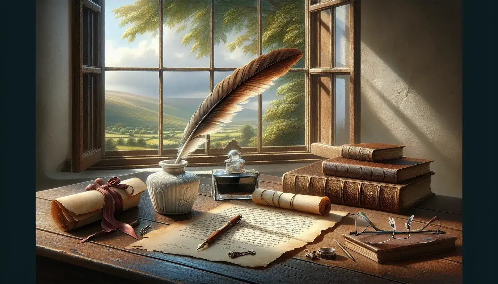 Scrivania in legno scuro con calamaio antico, penna d'oca, libro rilegato in pelle, pergamena arrotolata e occhiali, davanti a finestra aperta sulla campagna.