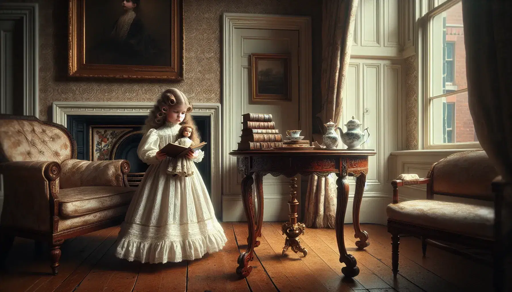 Victorian drawing room with a young girl in a white frock holding a doll, ornate table with book and teacup, and a sunlit bay window with drapes.