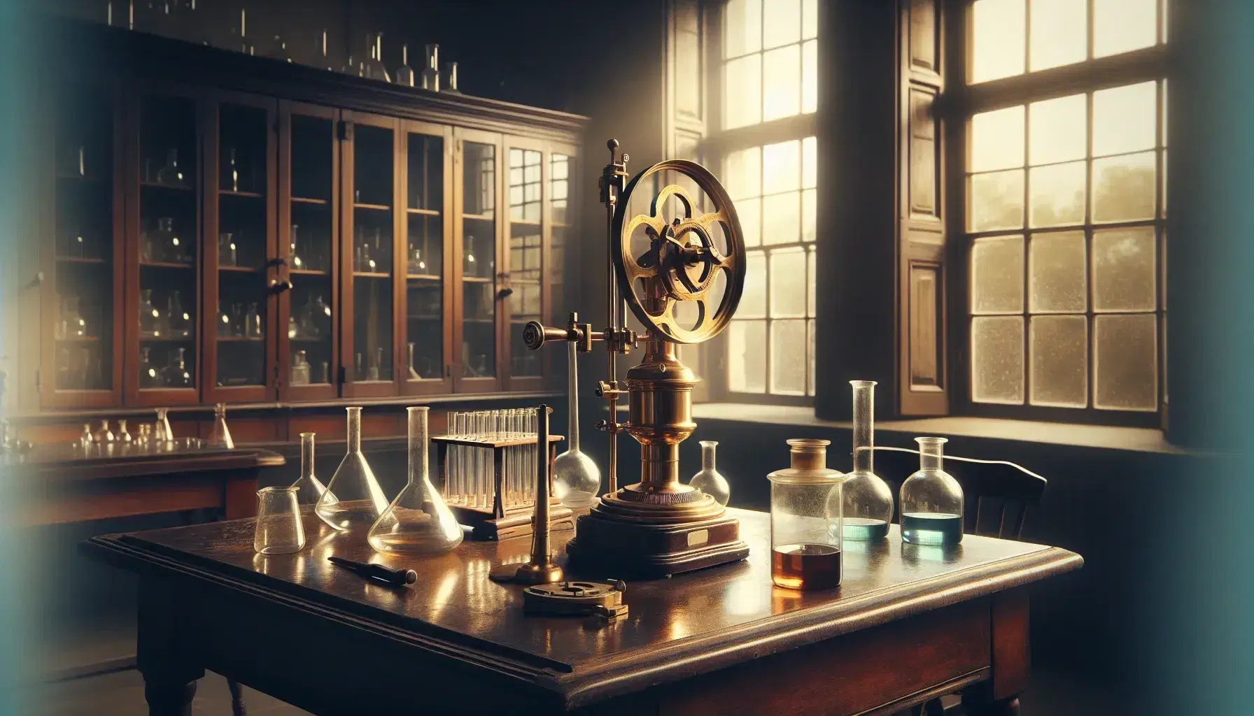 Historic late 19th century laboratory with wooden table, brass cymograph, glass beaker and woven chair under bright window.