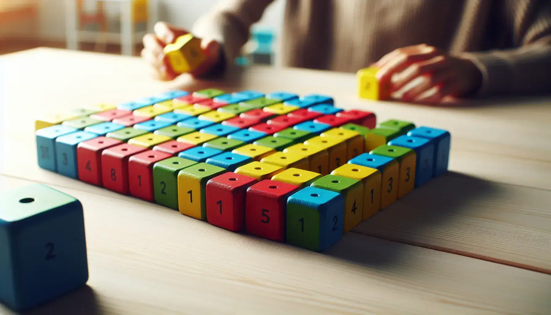 Colorful wooden blocks arranged in clusters on a light wooden surface, with hands grouping them, illustrating counting concepts in a classroom.
