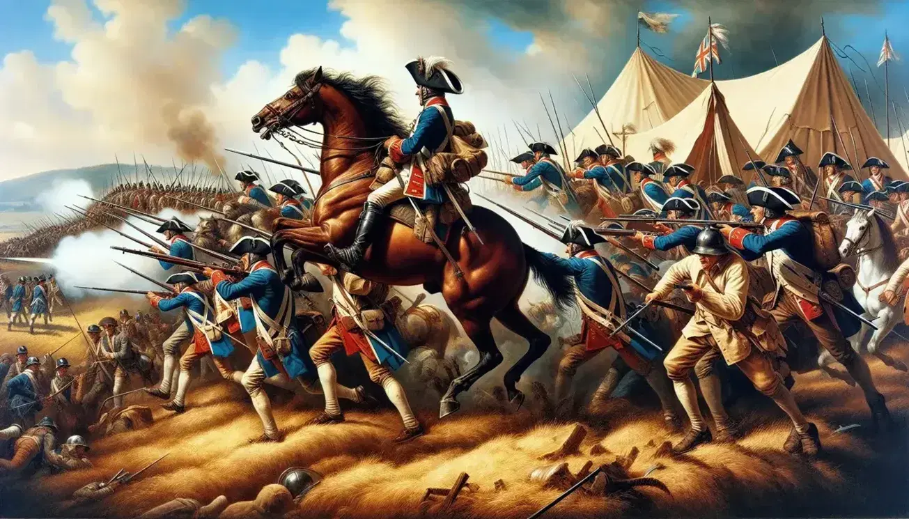 Scena di battaglia del XVII secolo con soldati in uniformi blu e rosse armati di moschetti, cavaliere in armatura e contadini preoccupati sullo sfondo.