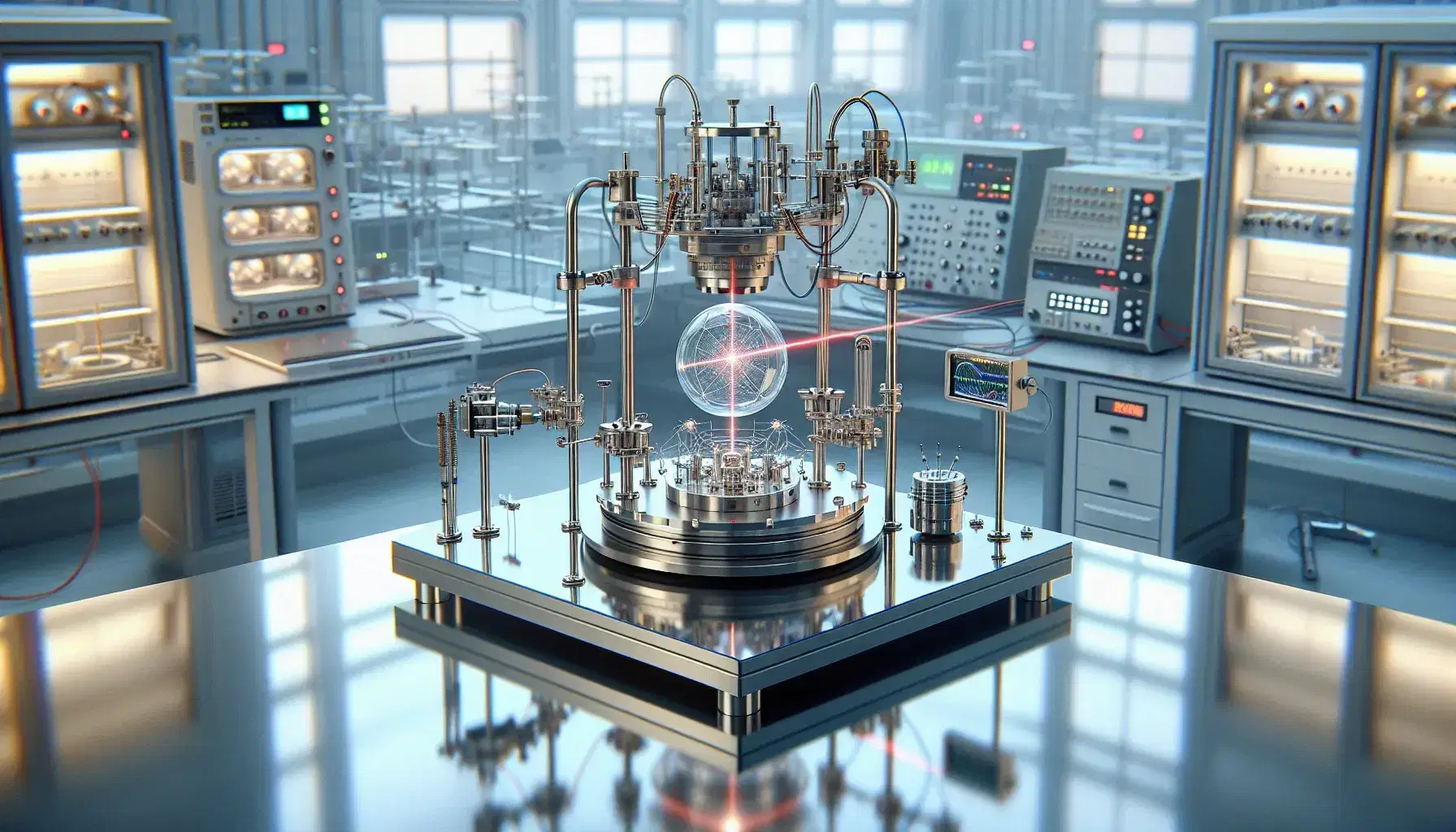 Modern quantum mechanics laboratory with optical tweezers, a stainless steel vacuum chamber, digital oscilloscope, and test tubes with colorful liquids.