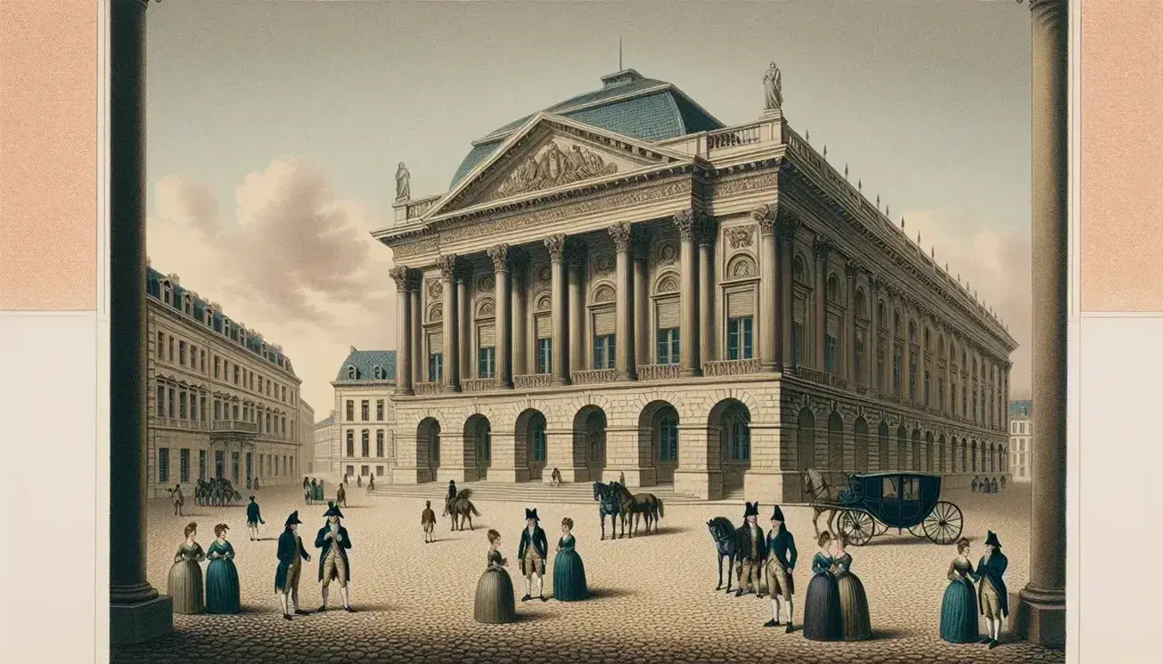 Neoclassical building with Corinthian columns and triangular pediment, cobblestone plaza with figures in 18th-century attire, horse-drawn carriage nearby under a clear blue sky.