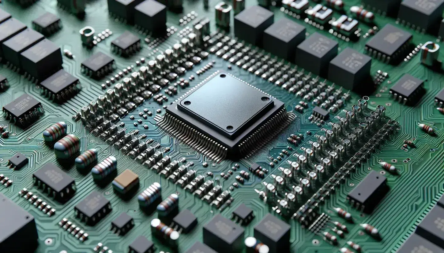 Close-up of a silicon microprocessor on green PCB board with electronic components such as capacitors and resistors.