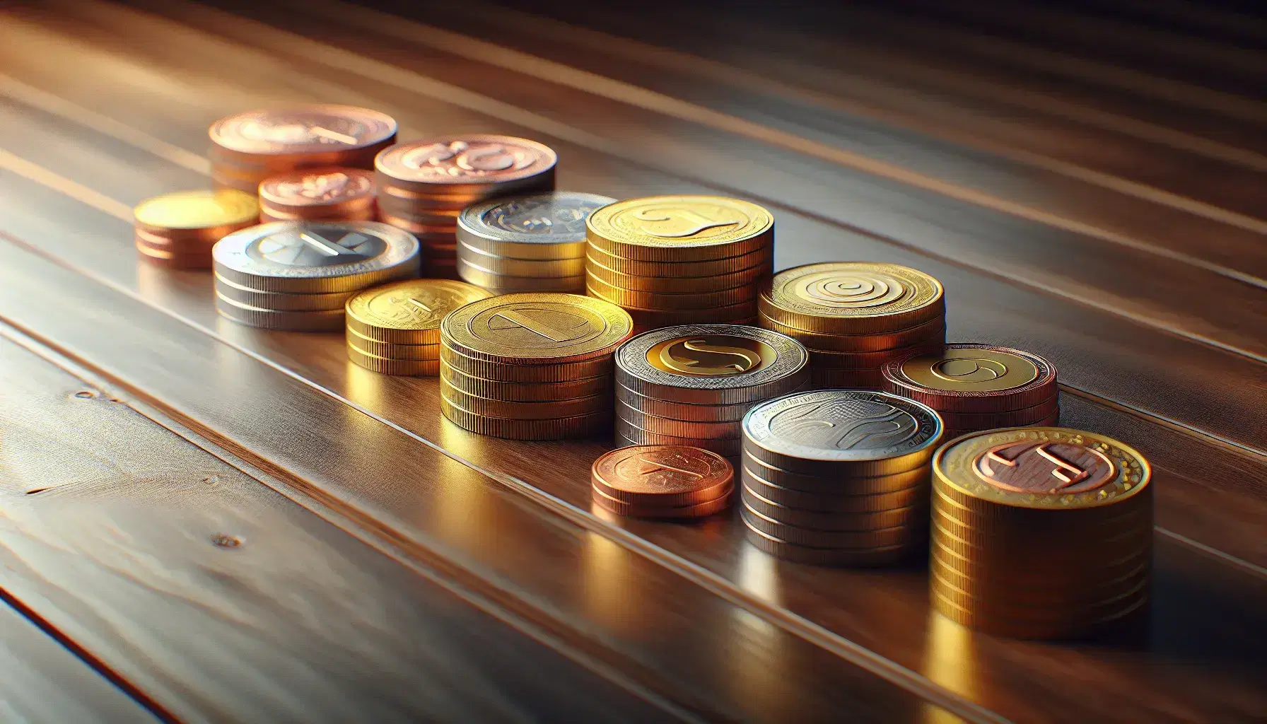 Assorted metallic coins in gold, silver, and copper shades arranged in descending size order on a dark wooden surface with a reflective sheen.