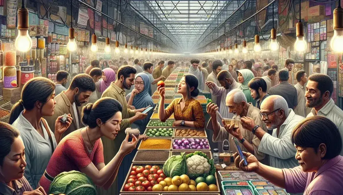 Diverse shoppers engage with products at an indoor market, examining fruits, spices, and electronics amidst vibrant stalls.