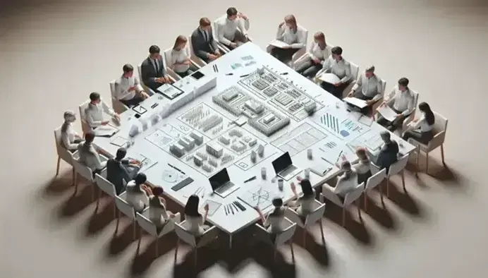 Gruppo di professionisti collabora attorno a un tavolo con fogli, laptop, tablet e modello 3D di un evento in ambiente luminoso.