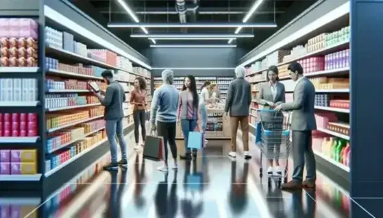 Diverse customers shopping in a well-lit store with organized shelves of colorful merchandise, a cashier scanning items at the checkout.