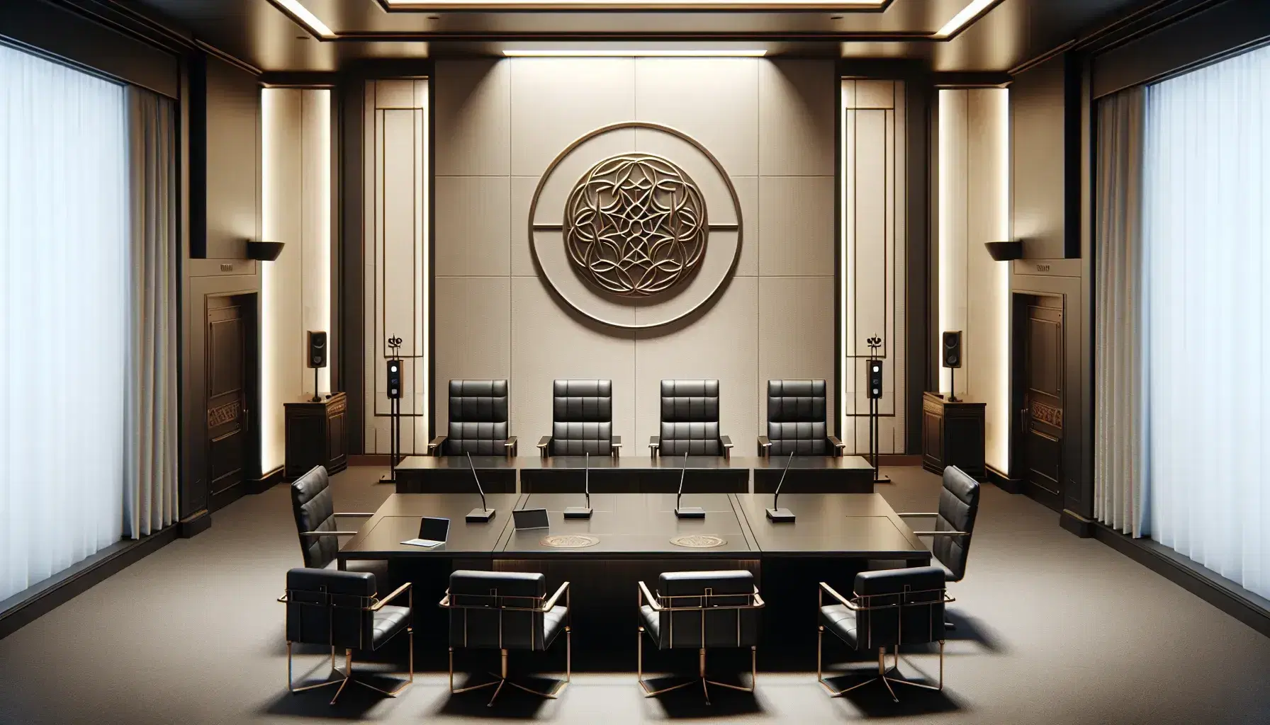 Sala de tribunal vacía con mesa de madera oscura, sillas de cuero negro, estrado con silla central y emblema abstracto en la pared.