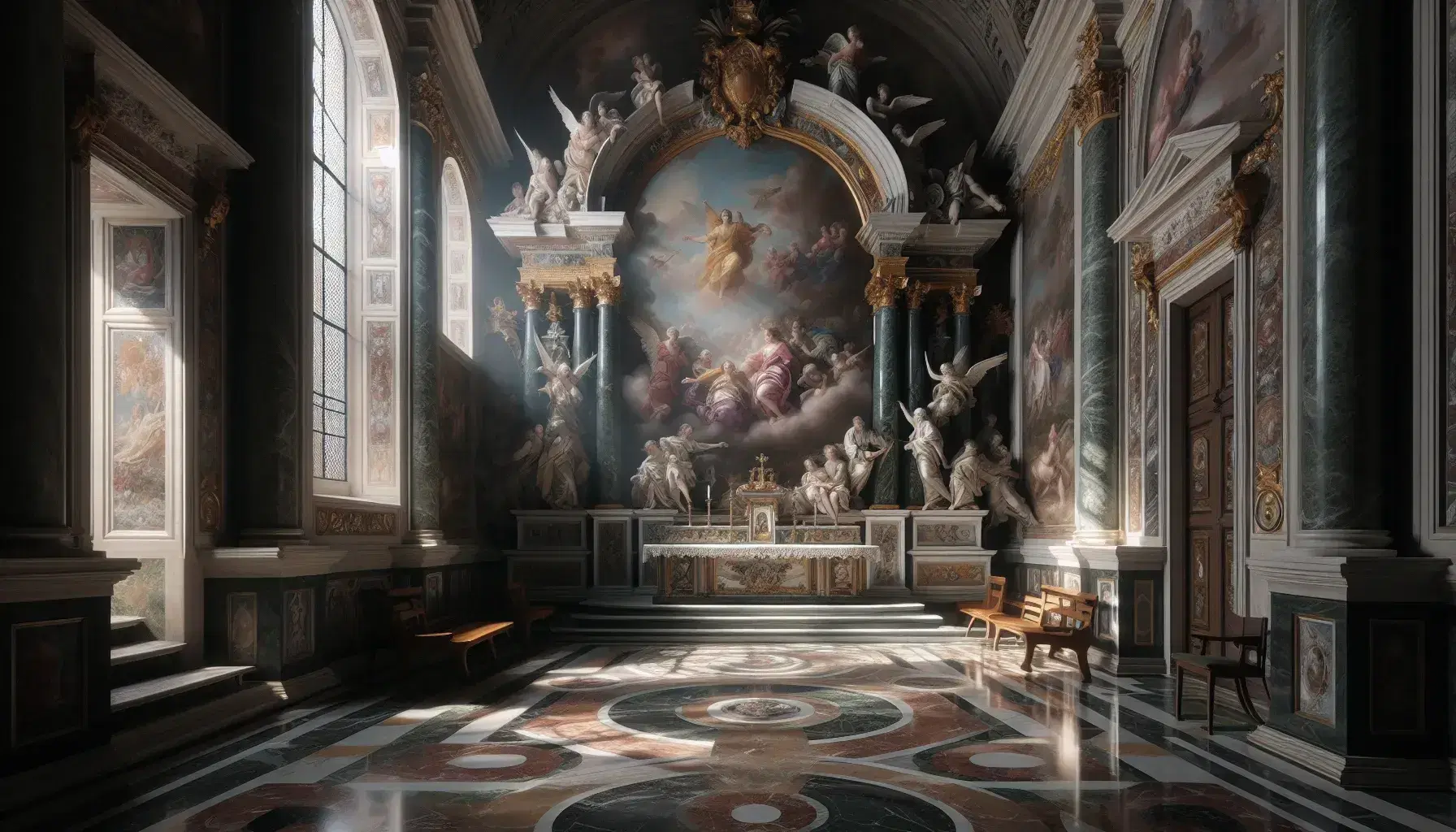 Interno di chiesa barocca con altare marmoreo policromo, sculture angeliche, dipinto biblico in cornice dorata e pavimento geometrico in marmo.