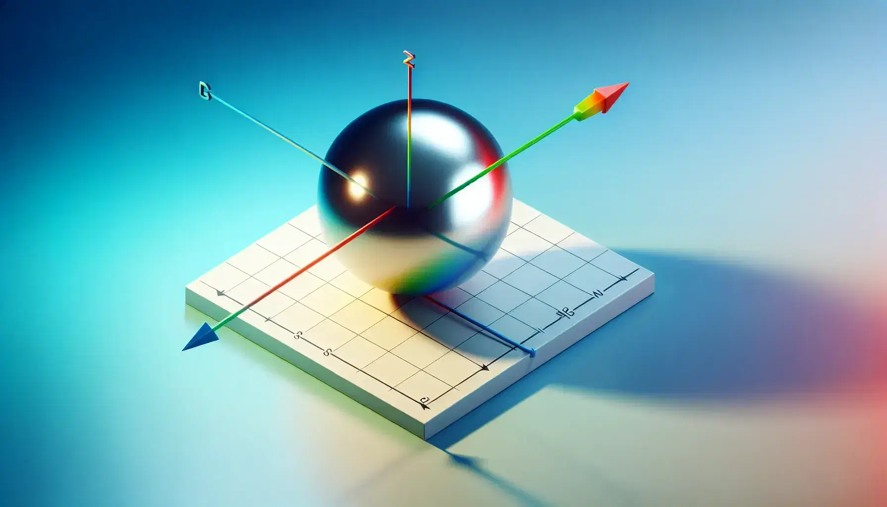 3D coordinate system with red x-axis, green y-axis, blue z-axis, reflective metallic sphere at origin with yellow vector pointing up, and wooden blocks along x-axis.