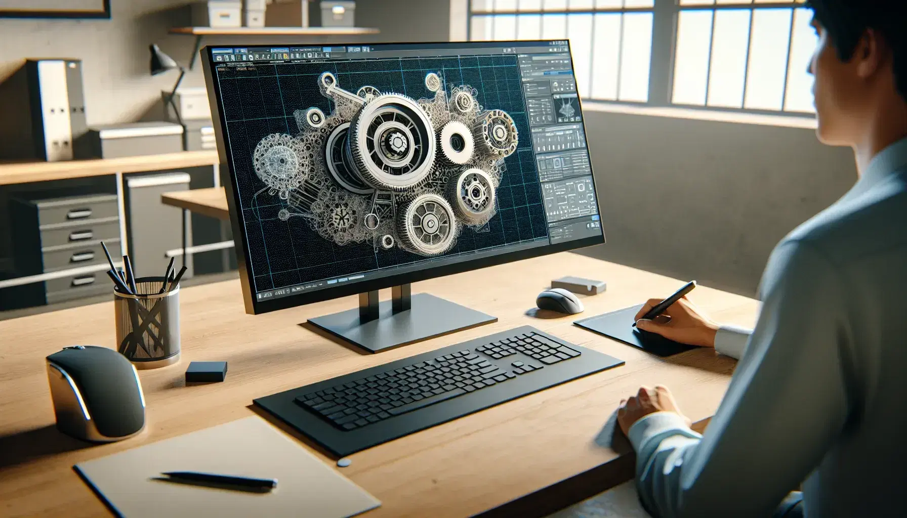Estudio de diseño moderno con pantalla de ordenador mostrando modelo 3D en software CAD, teclado, ratón ergonómico y tableta gráfica con lápiz óptico.