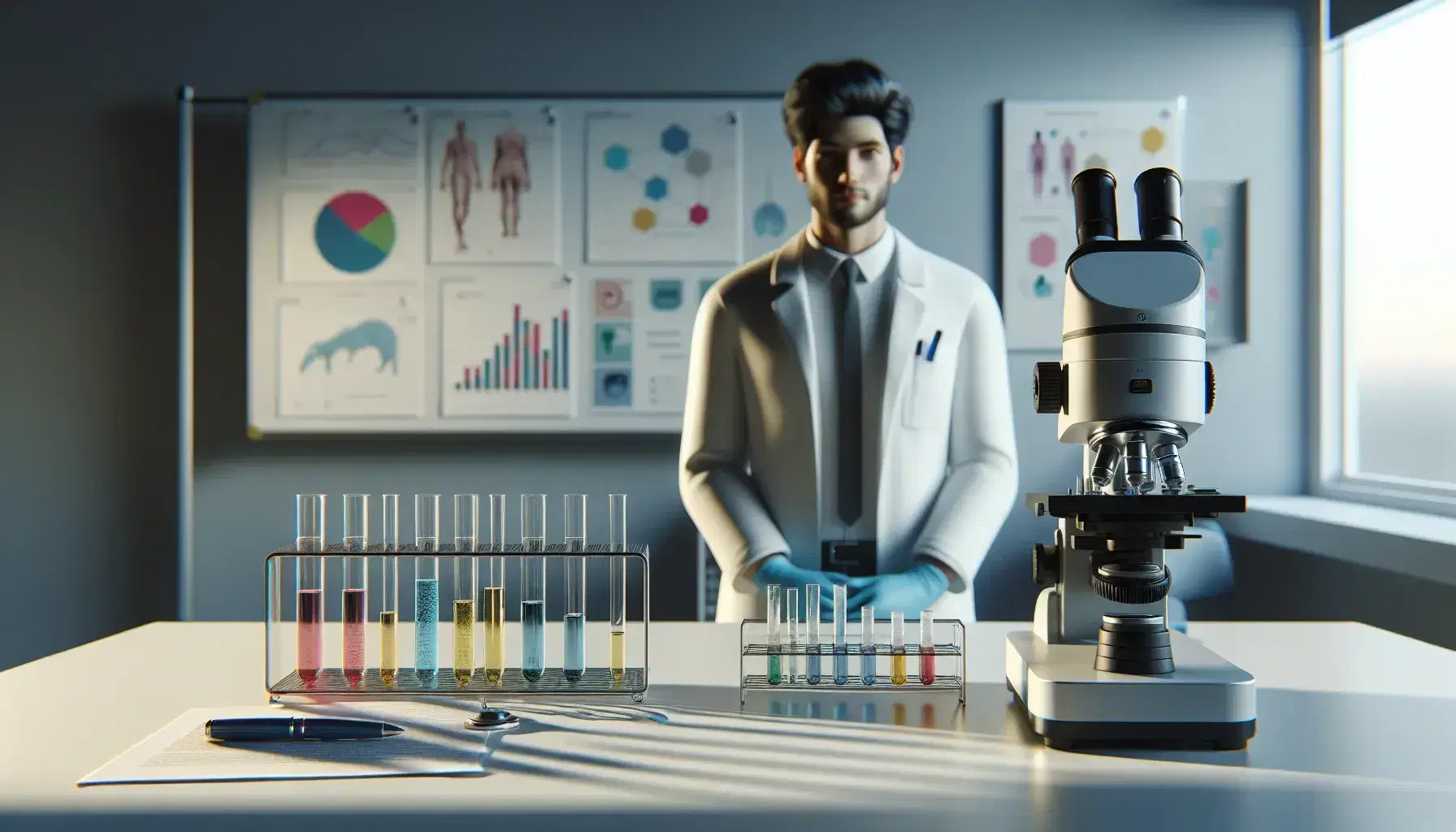 Escena de laboratorio clínico con microscopio moderno, tubos de ensayo con líquidos de colores y figura de profesional en bata blanca.