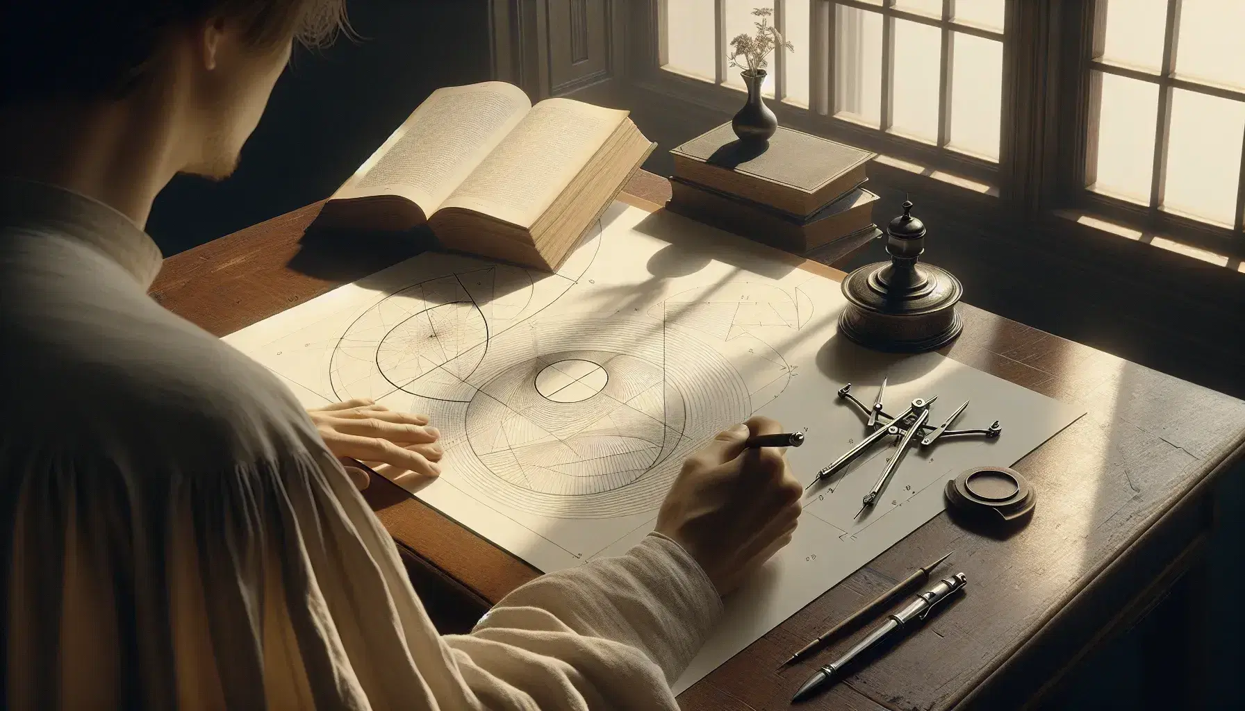 Person studying geometry with compasses, textbook, and inkwell on a wooden desk by a window, reflecting a focused academic setting.