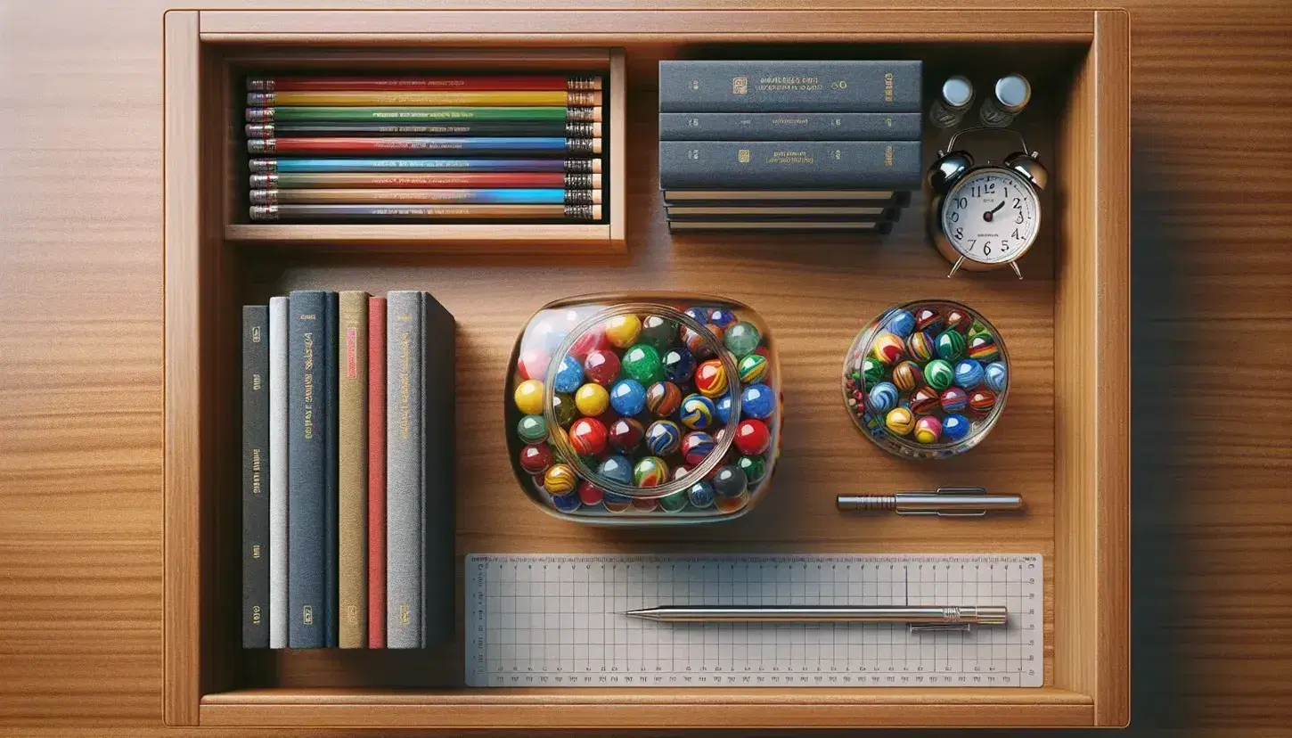 Wooden desk with jar of colored marbles, three stacked books and mechanical pencil next to a round clock without numbers.