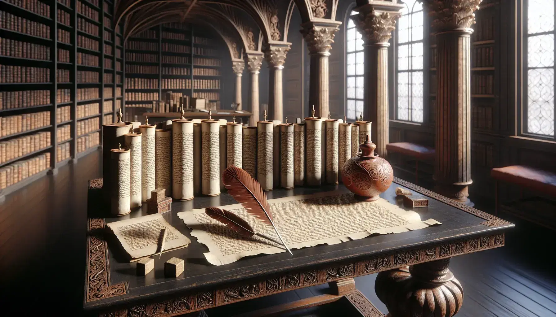 Escena de estudio clásico con mesa de madera oscura, pergaminos antiguos, pluma de ave y tintero de cerámica, estanterías con libros encuadernados y busto de mármol en un ambiente sereno.