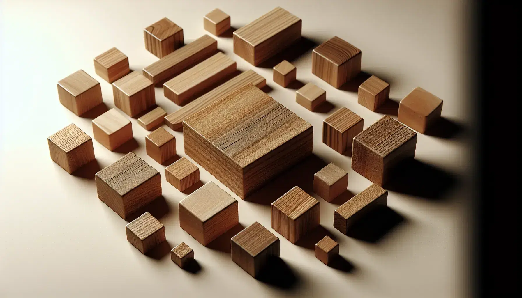 Bloques de madera de distintos tamaños y formas, con textura visible, dispuestos alrededor de un bloque central más grande sobre superficie lisa.