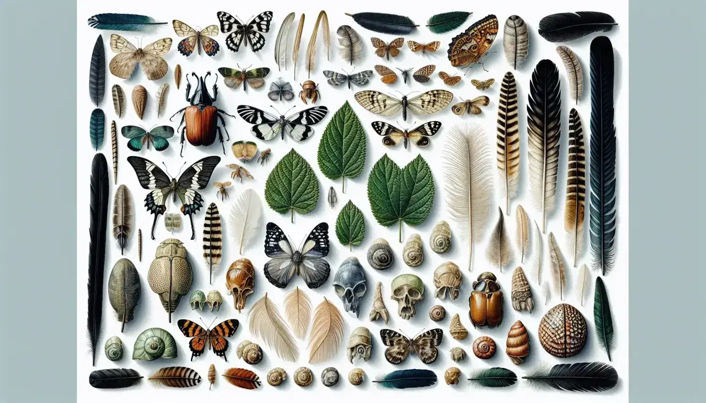 Assorted biological specimens including colorful insects, butterflies, green leaves, bird feathers, and fossilized shells on a white background.