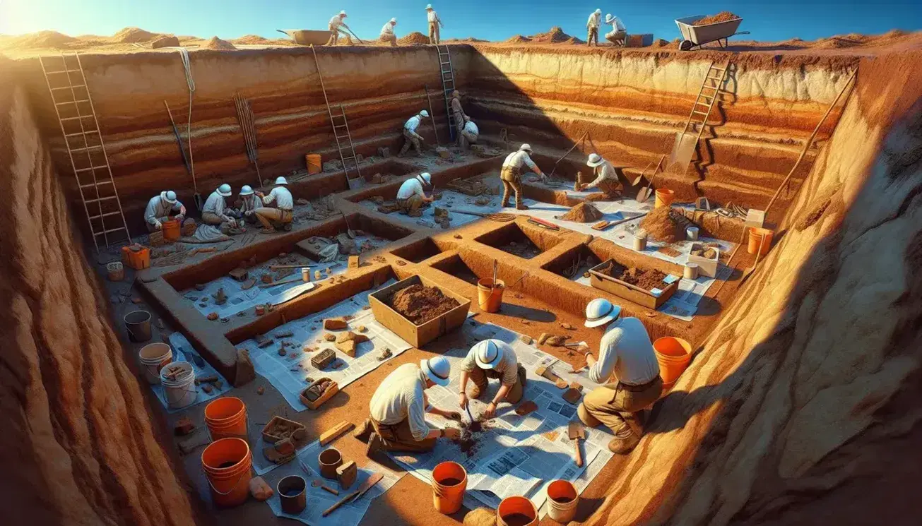 Excavación arqueológica con dos expertos trabajando en un pozo estratificado, rodeados de herramientas y cubetas, bajo un cielo despejado.