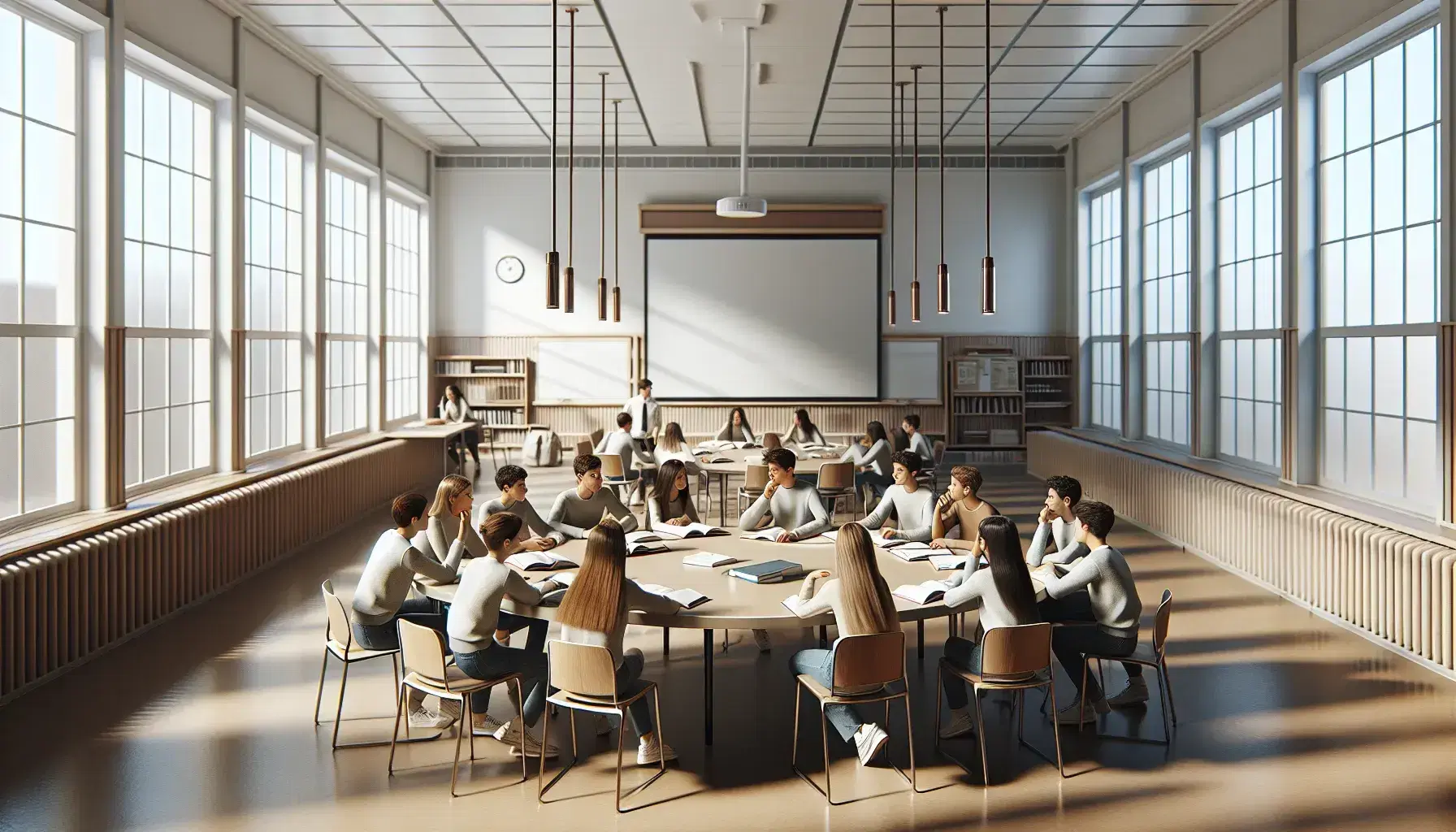 Aula luminosa con estudiantes debatiendo alrededor de una mesa redonda, libros abiertos frente a ellos, profesor reflexivo junto a pizarra blanca y planta verde en primer plano.