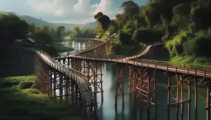 Ponti in legno che si intersecano sopra un fiume tranquillo, circondati da vegetazione lussureggiante e colline alberate sullo sfondo.