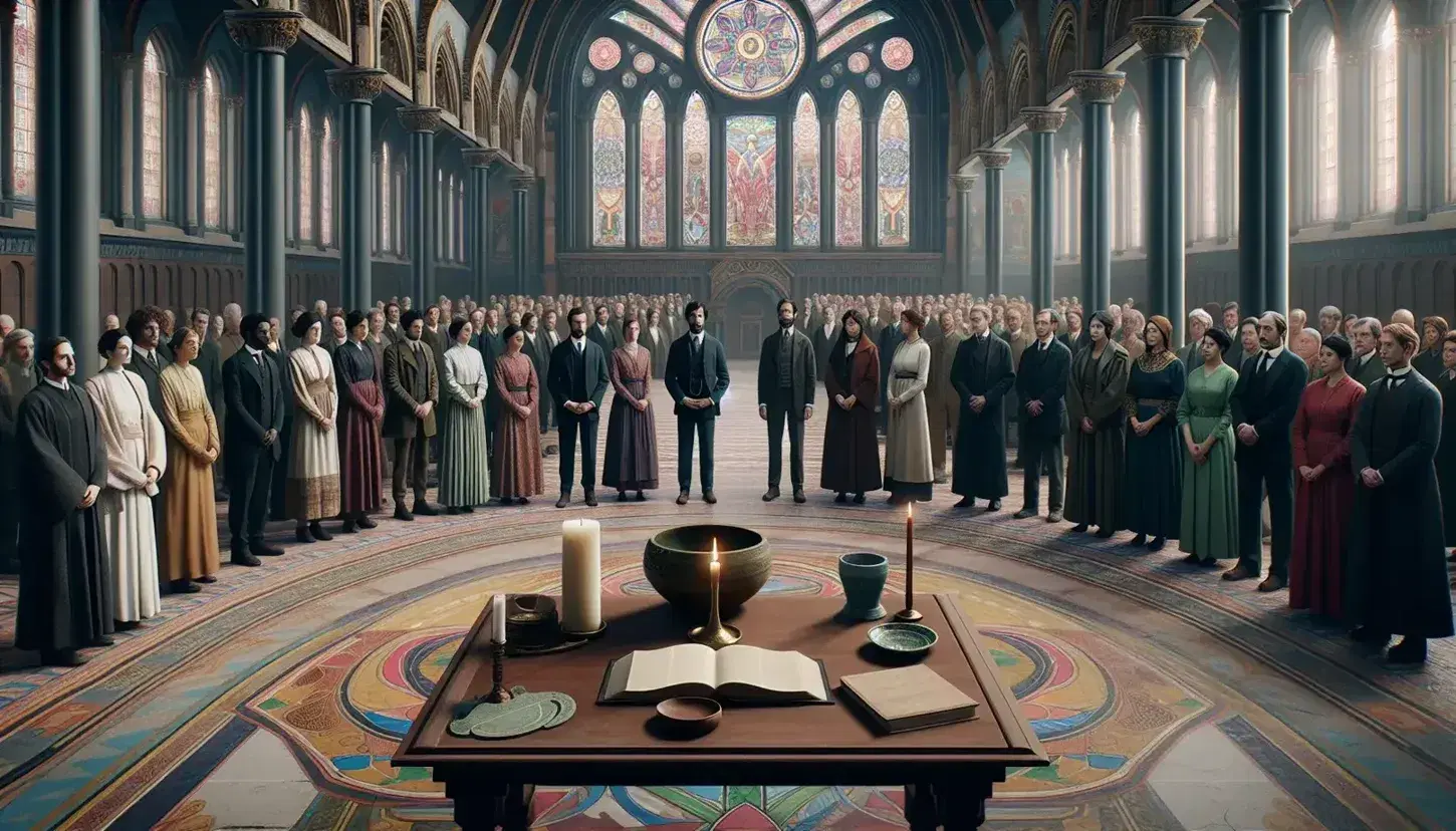 Diverse group of people in semi-circle with man in suit and woman in formal dress, wooden altar, book, candle and bowl in building with stained glass windows.