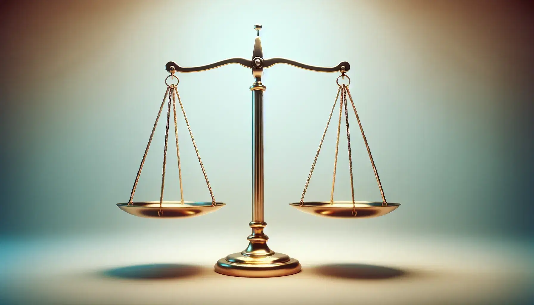 Balanced golden scale symbolizing justice, with empty pans at equal height, set against a soft blue to cream gradient background.