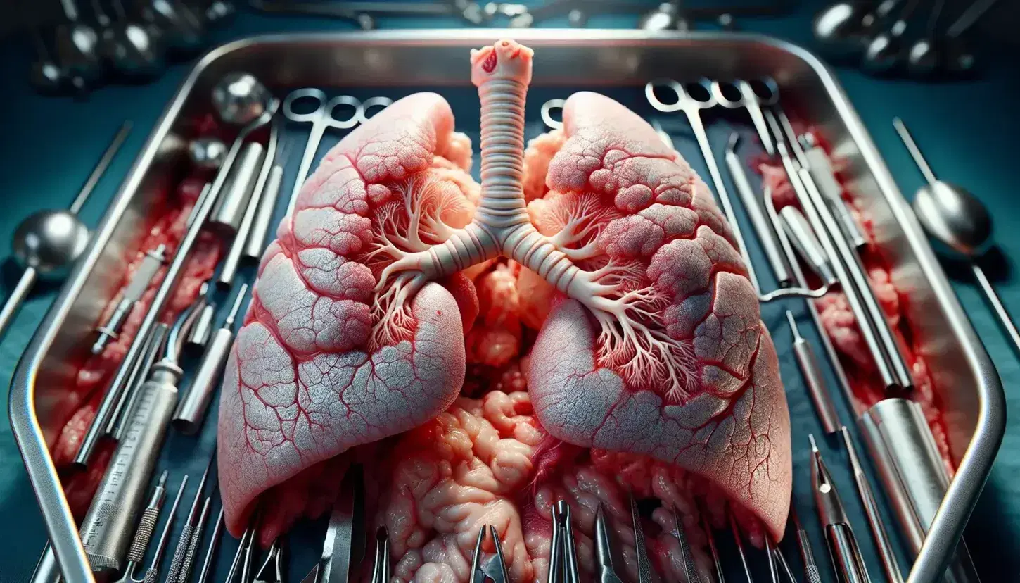 Pulmones humanos reales en primer plano dentro de una cavidad torácica abierta, con bronquios visibles y herramientas quirúrgicas en el fondo desenfocado.