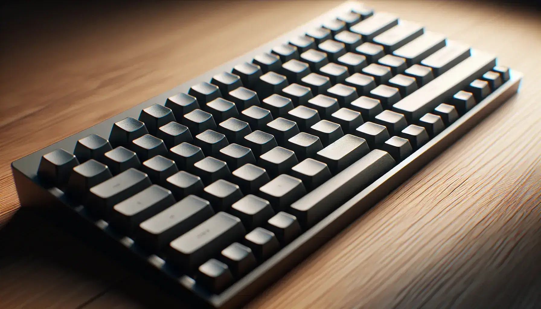 Close-up view of a worn French keyboard with matte black keys on a wooden desk, highlighting the well-used central keys.