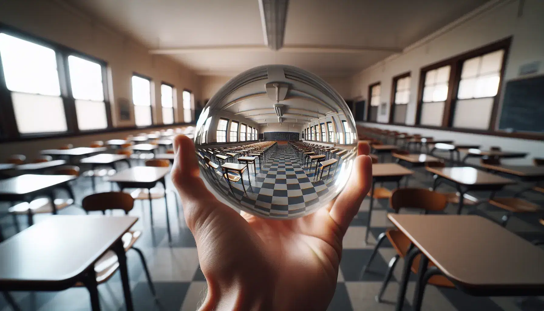 Hand holding a glass sphere with an inverted view of an empty classroom, desks and chairs in rows, and natural light from windows.