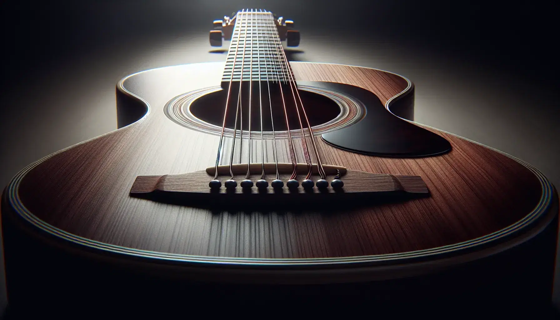 Close-up of a glossy mahogany guitar body with six strings, a visible sound hole with a rosette design, and soft background lighting.