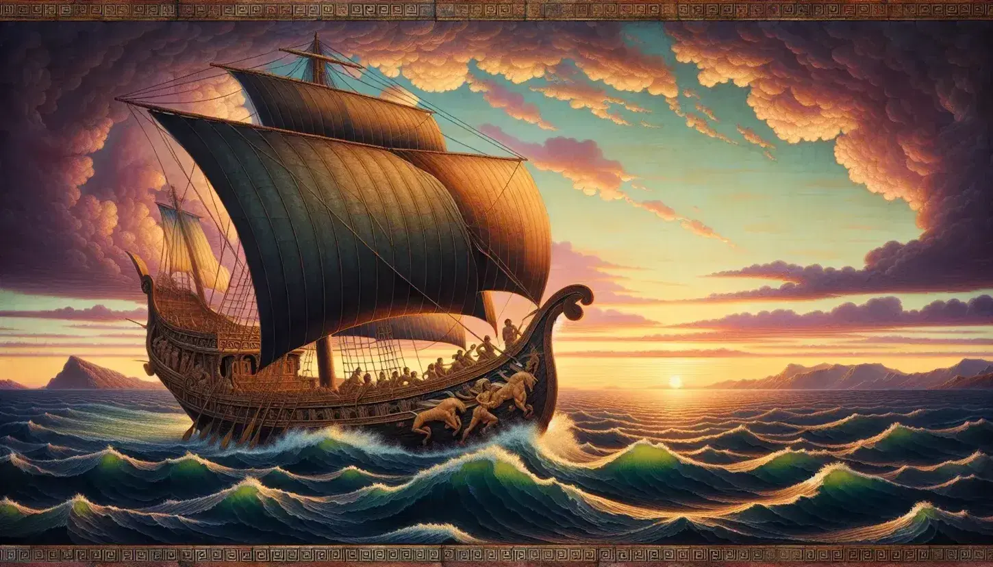Nave antica in legno stile greco con vela rettangolare e intagli di animali e guerrieri naviga sul mare al tramonto, cielo arancione e rosa.